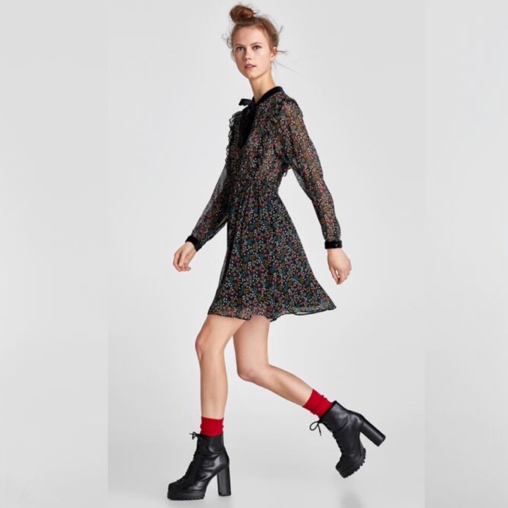Zara floral chiffon dress with bow tie - Picture 1 of 3